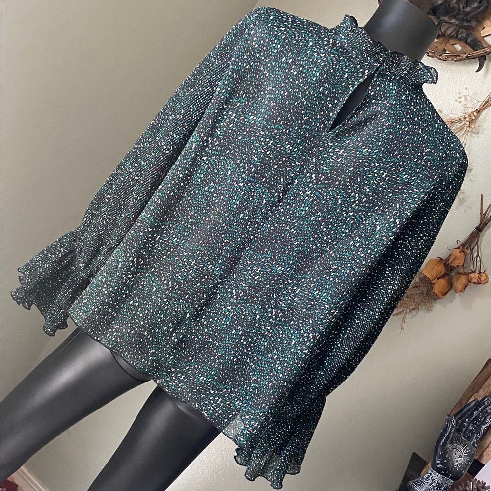 Zara Black & Green Speckled Sheer Blouse with Ruffle Cuffs - Picture 9 of 14